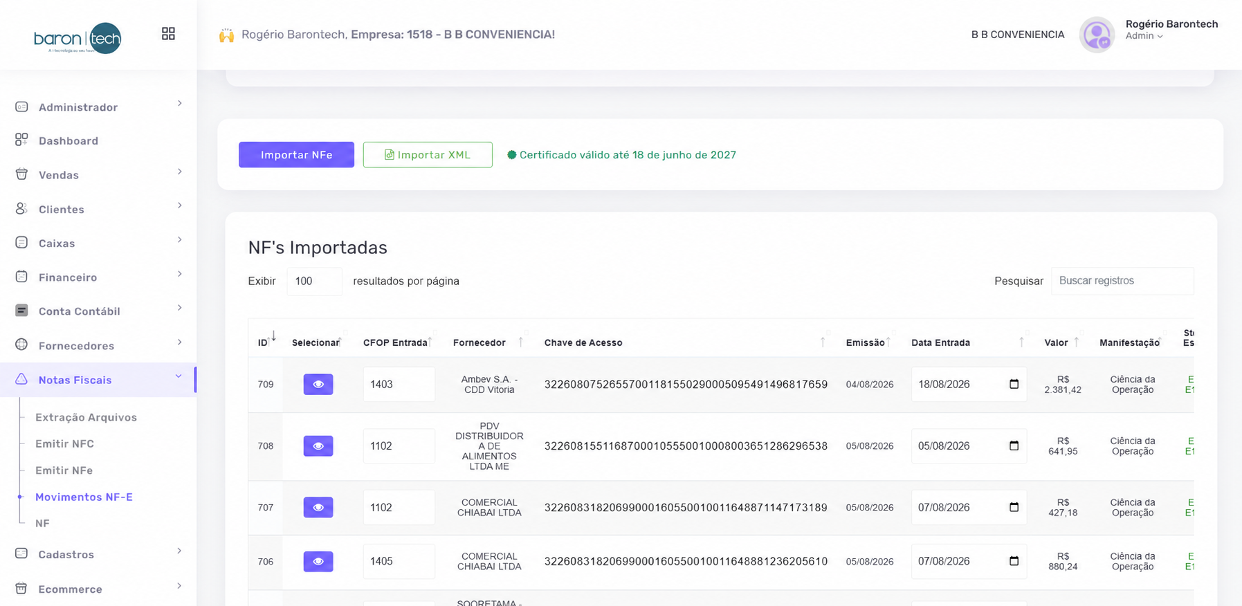 Tela fiscal e de NF-e do Dragon Enterprise