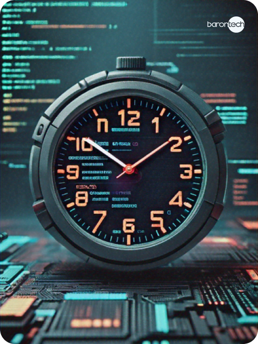 Relógio de mesa tecnológico estilo cyberpunk com um fundo de programação Relógio de mesa tecnológico estilo cyberpunk com um fundo de programação