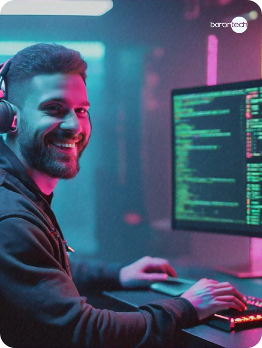 programação no computador, homem vidrado no monitor com sorriso no rosto e feliz por estar tudo certo. Estilo CyberPunk programação no computador, homem vidrado no monitor com sorriso no rosto e feliz por estar tudo certo. Estilo CyberPunk